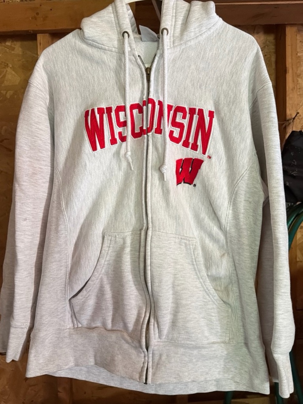 Knights Apparel Wisconsin Full-Zip Hoodie in Light Gray with Red Lettering